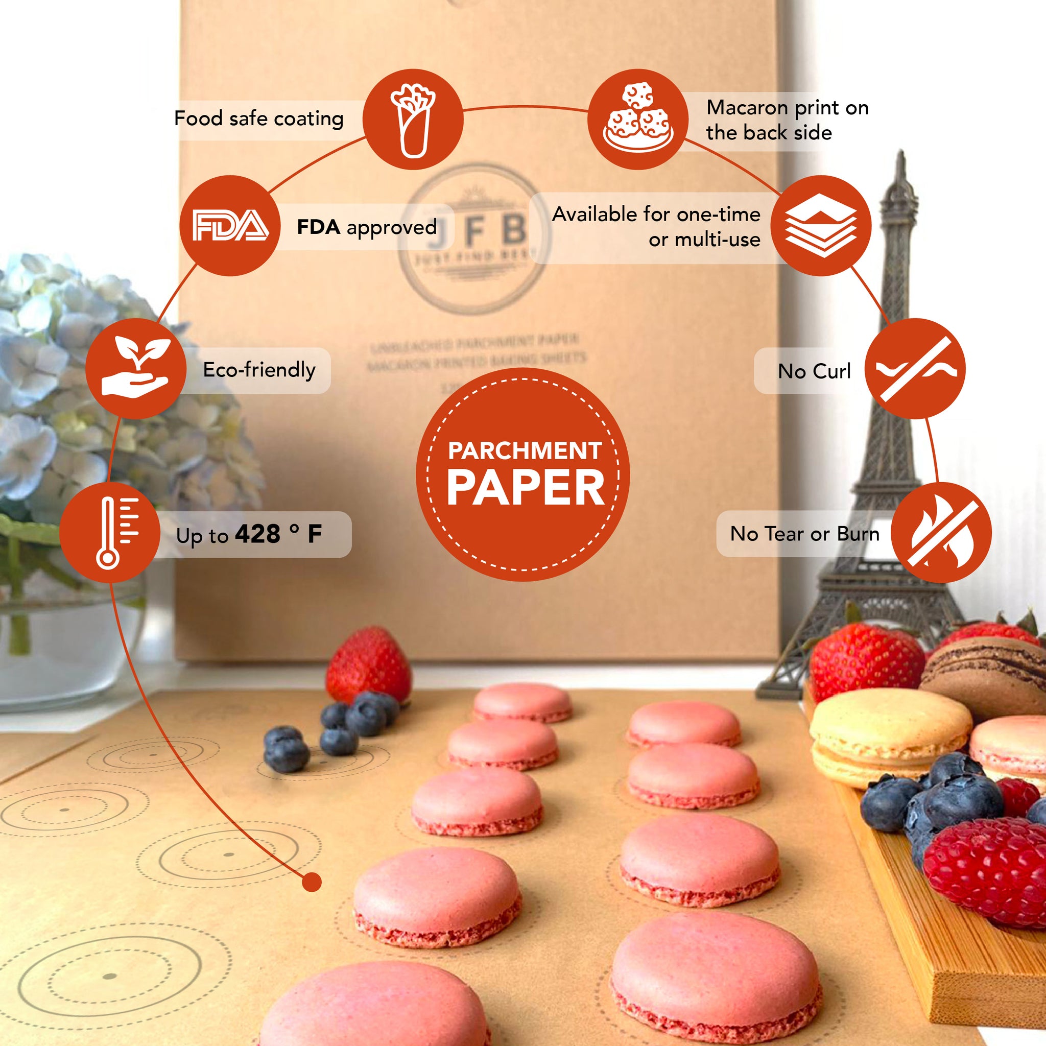 Macarons Printed Baking Parchment Paper, Pre-cut 12"x16" - 200 Sheets